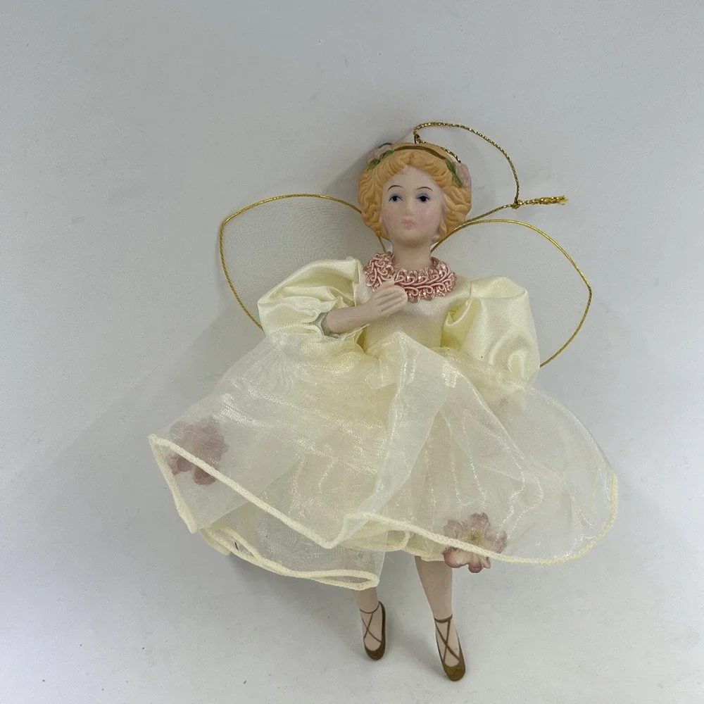 Kurt S Adler Porcelain Angel Christmas Ornament Cream Pink Floral Dress J8873
